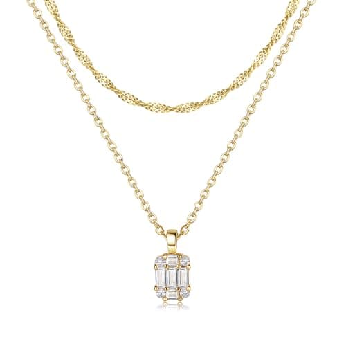 Chaîne Dochais en or 14 carats pour femme - Étanche - Pendentif carré - Solitaire - Mini CZ - Argenté/doré