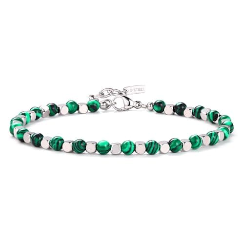 Bracelet Chriscoco Homme Femme Perle Pierre Naturelle Turquoise Oeil de Tigre 4MM Argent Acier Inoxydable Modeㇼ fashiona — Malachite