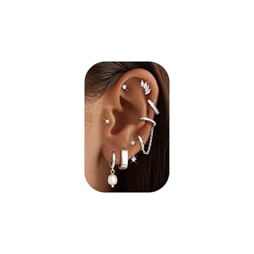 Adramata Boucles d'Oreilles Femme Or Argent Acier Inoxydable 8Pairs Or Argent Piercings Boucles d'Oreilles Femme Clous T — Perle Argent