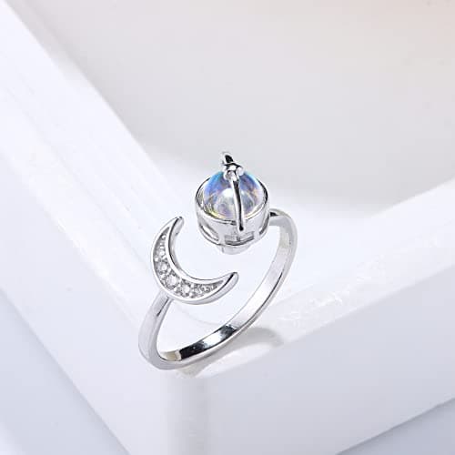 Bague Anti Stress Adramata Femme Argent Sterling 925 Pierre de Lune CZ Anxiety Bague Réglable Étoile Lune Spinner Fidget
