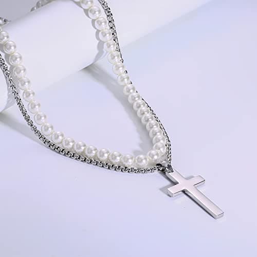 Adramata 2 Pcs Colliers en Acier Inoxydable pour Homme et Femme - Croix Viking, Lance et Perles Simulées - Chaîne Argent