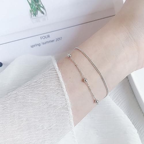Bracelet Argent 925 Femme, Double Couche Reglable pour Meilleure Amie avec Perles Fin et Boule en Argent, Bijoux Pour Fi