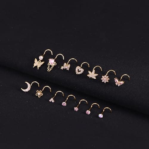 Milacolato Piercings Nez Femme Or Acier Inoxydable CZ Anneaux de Nez Argent Coeur Papillons Clous de Nez Bijoux 14Pièces