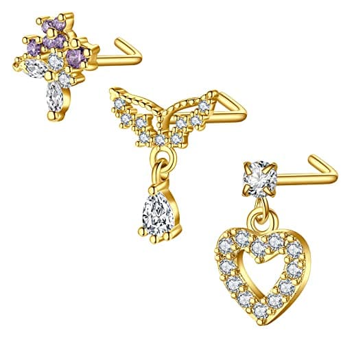 Mayhoop Piercing Nez en Acier Chirurgical pour Femme et Homme - Coeur Fleur Papillon Ramure - 20G - Disponible en Argent — 3pcs-doré L-set3