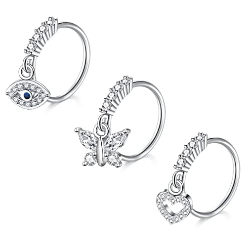 Mayhoop Piercing Nez en Acier Chirurgical pour Femme et Homme - Coeur Fleur Papillon Ramure - 20G - Disponible en Argent — 3pcs-argent-set1