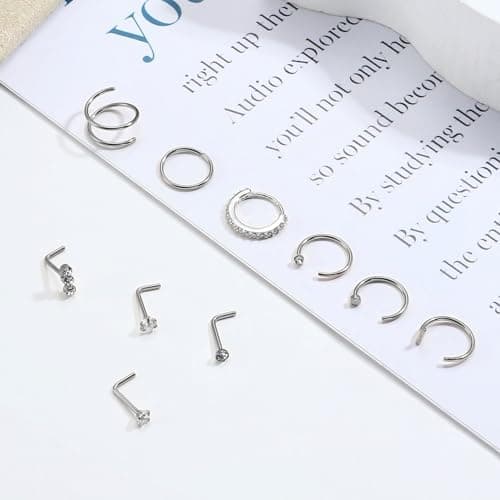 Adramata Piercings au Nez Or 14k Femme Homme 10 Pièces 20G Piercing Rond CZ Coeur Bijoux Percing Or Argent Épingles de N