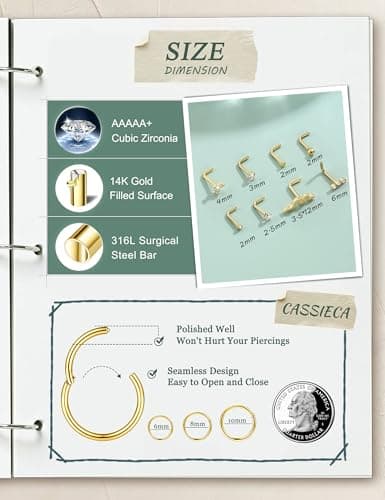 CASSIECA Piercing Nez Acier Chirurgical pour Femme Homme 6/8/10MM Rond CZ Anneau 18/20GSeptum Piercings