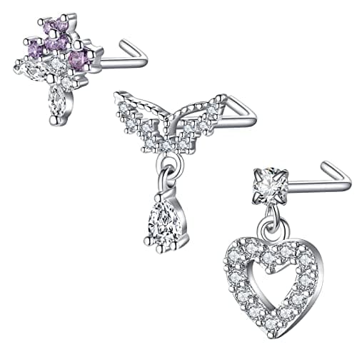 Mayhoop Piercing Nez en Acier Chirurgical pour Femme et Homme - Coeur Fleur Papillon Ramure - 20G - Disponible en Argent — 3Pcs-Argent L-Set3