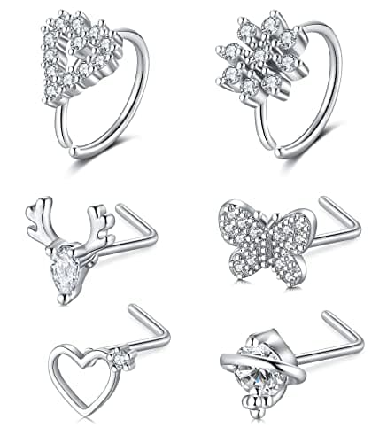 Mayhoop Piercing Nez en Acier Chirurgical pour Femme et Homme - Coeur Fleur Papillon Ramure - 20G - Disponible en Argent — 6 Pièces-argent