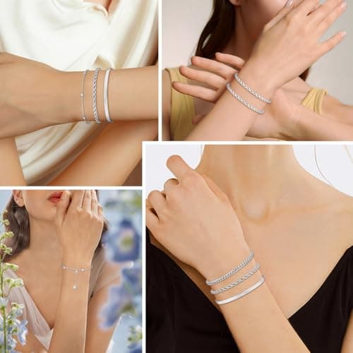 Bracelet Argent Aucuu Acier Inoxydable Scintillant pour Femmes Filles, Bracelets Aucuu Acier Inoxydable Ensemble Réglabl