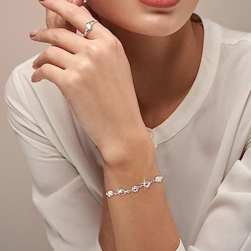 Bracelet Argent 925 Femme Coeur Ajustable avec Anneau NGUSO, Bracelet Argent Massif Femme Coeur 925 Ajustable avec Annea