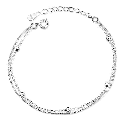 Bracelet Argent 925 Femme, Double Couche Reglable pour Meilleure Amie avec Perles Fin et Boule en Argent, Bijoux Pour Fi