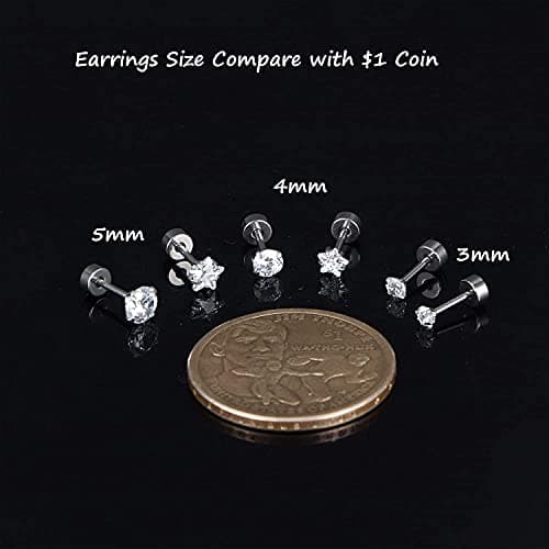 Adramata 10 Paires Boucles d'Oreilles Acier Inoxydable Étoile Cubique Zircone Tragus Barbell Femmes Recycled Claim Stand