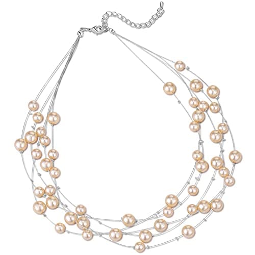 F LU AUTOMNE Collier Perle et Cristal Femme Argent Bijoux Bohème Cadeau Fête Mères — Champagne