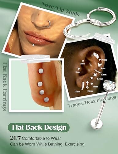 Adramata Boucles d'Oreilles Femme Acier Inoxydable Piercing Oreille Sans Fil Tragus Conch Piercings Nez Labret Fiori Pla