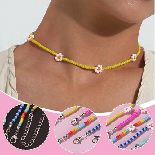 WUSJCOYF Collane Estive Donna Boho - Perline Colorate Regolabili, Girocolli Man mano Fatti per Feste e Ragazze Adolescen