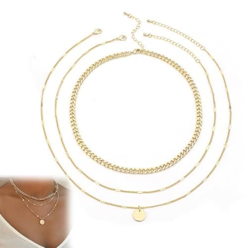 WOXJENA Collier Acier Inoxydable Or 14K Réglable Femmes, Perles Empilables, Pendentif Pièce de Monnaie, 3 Pièces Bijoux