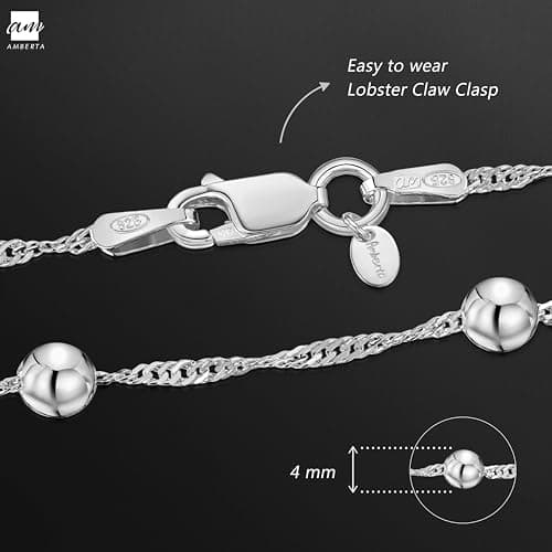 Amberta Bijoux - Bracelet en Argent 925 - Chaîne Maille Singapour et Boules - Largeur 1,4/4 mm - Longueur 18/19 cm