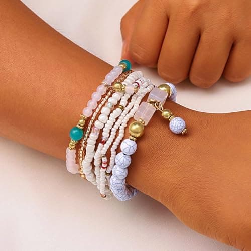 Jovono Boho Bracelets empilables en perles pour femmes - Chaîne de main élastique vintage - Perles de rocaille colorées