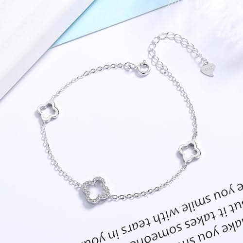 Bracelet en argent sterling 925 pour femme - Breloque trèfle à quatre feuilles - Cadeau pour fille