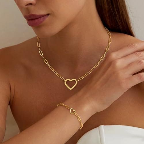 Collier et Bracelets Acier Inoxydable Plaqués Or Adramata Coeur Imperméables pour Femme Empilables et Réglables