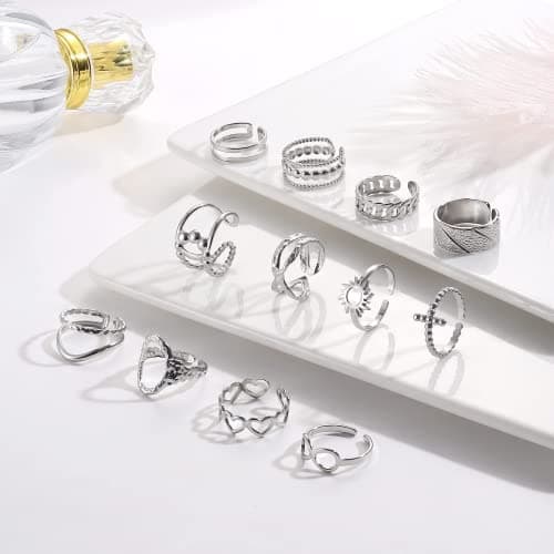 Adramata 12 Pcs Bague Femme Acier Inoxydable Réglable Vintage Recycled Empilable Argent/Or Ouvert Élégante pour Fille
