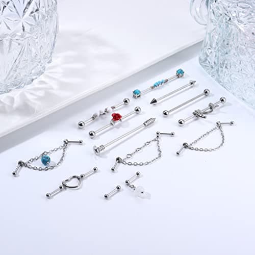 Adramata 13 Pièces Piercings Industriels 14G 16G Acier Chirurgical Boucles d'Oreilles Helix Cartilage Serpent Or Argentb