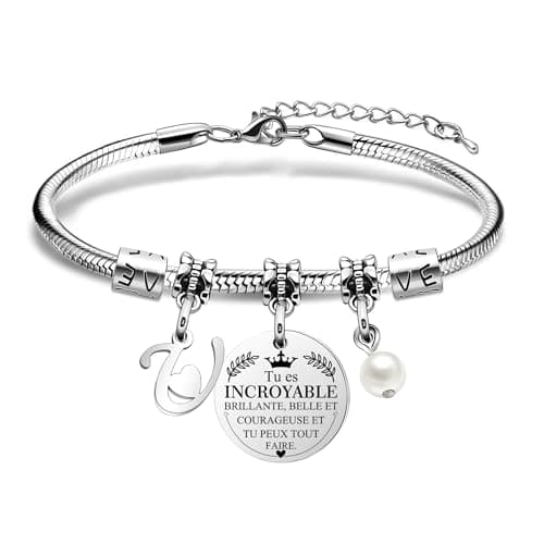 Bracelet Lettre Initiale HEYEJET Personnalisé en Argentpour Femmes et Filles, Mot d'Inspiration, Cadeau Special A-Z — U