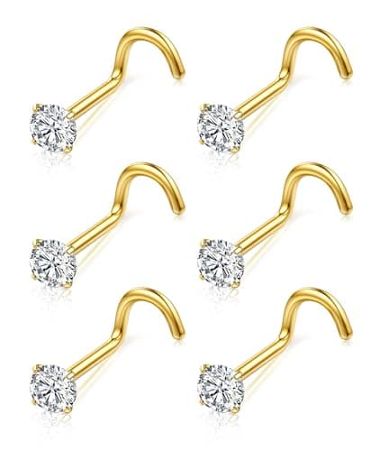 Chriscoco Piercing Nez Titane 6 Pièces Or Argent 18G 20G Cubique Zircone CZ Forme L 3mm — 3mm, vis, 18G, titane or