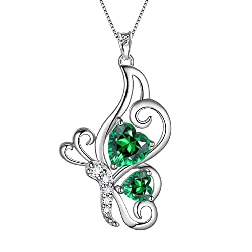 Collier cœur papillon femme argent sterling 925 pendentif papillon pierre de naissance — E.May Émeraude
