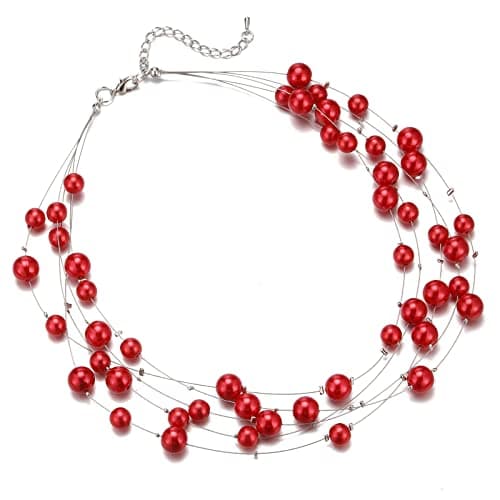 F LU AUTOMNE Collier Perle et Cristal Femme Argent Bijoux Bohème Cadeau Fête Mères — 55-Rouge