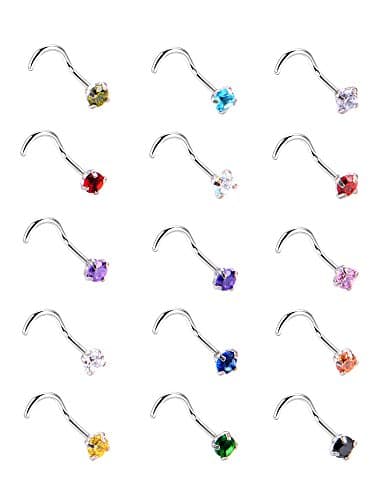 Mudder Anneaux de Nez Courbés en Acier Inoxydable Oxyde de Zirconium pour Corps, 15 Pièces, 15 Couleurs