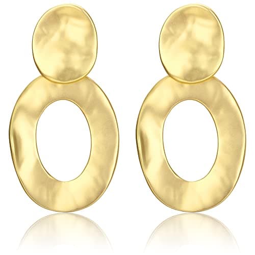 Boucles d'Oreilles Femme Or Grandes Pendantes Martelées Geométriques — Ovale Martelé Mat