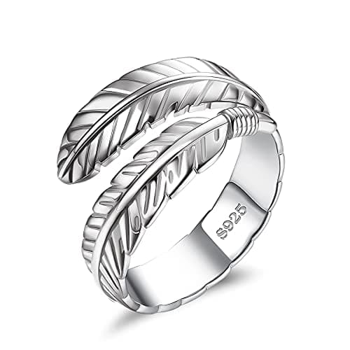 JeweBella Bague Femme en Argent Sterling 925 pour Femmes - Bague Plume Réglable Ouverte pour Filles - Mariage et Fiançai