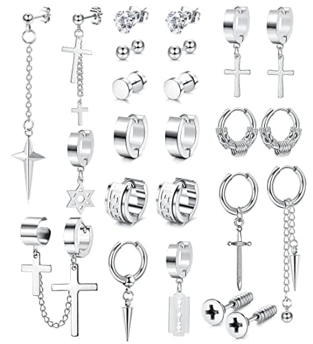 Adramata 24 Pcs Boucles d'Oreilles Acier Inoxydable pour Homme Punk et Fantaisie Standard 100 Noir