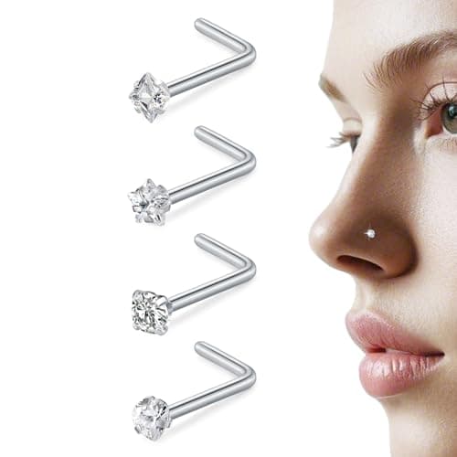 LAURITAMI 20G Piercing Nez Acier Inoxydable Or Argent, L Spirale Droit Forme Percing Narine Bijoux de Percing pour Femme — Argent 20G Connecteur nez- forme de L-4pcs