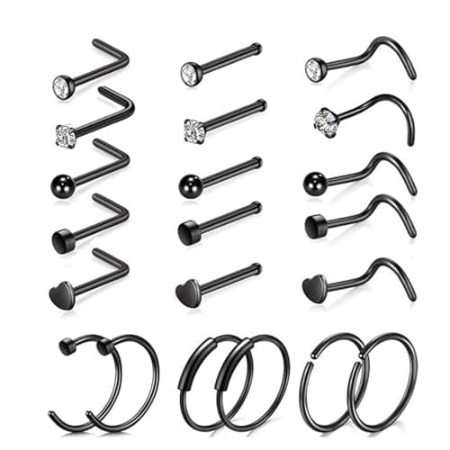 LOCCY Piercings Nez en Acier Inoxydable Bijoux pour Femmes et Hommes - Anneau de Nez 21-30 Pièces 20G Or Argent CZ L/Vis — 21 Pièces-Noir