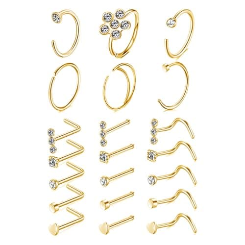 LOCCY Piercings Nez en Acier Inoxydable Bijoux pour Femmes et Hommes - Anneau de Nez 21-30 Pièces 20G Or Argent CZ L/Vis — 21 Pièces-Or 2