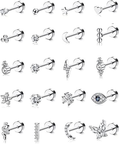 Adramata 20Pcs Acier Inoxydable Petite Boucles D'Oreilles 20G pour Piercings Cartilage Tragus Daith Hommes et Femmes Vis — Argent