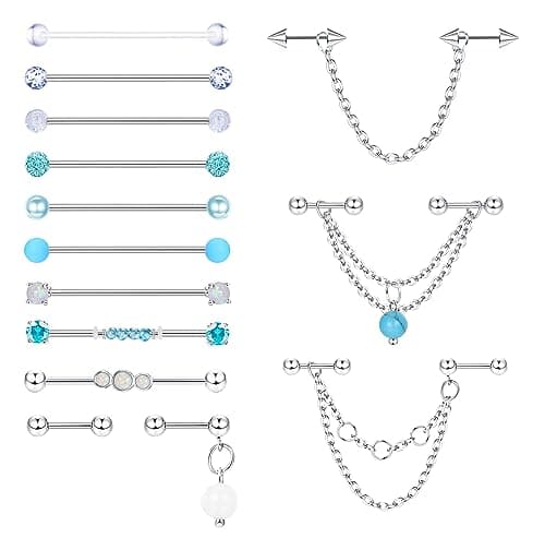 Piercings Industriels Adramata 14G 16G Acier Chirurgical Bijoux Cartilage Helix Or et Argent Recyclés Standard 100 — A-14Pcs-Bleu