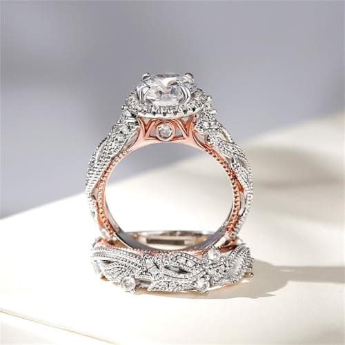 Jeulia 4 Carats Anneau De Fiançailles Diamant Blanc En Or Rose Et Argent Sterling 925 Ensemble De Mariage Homme Et Fille