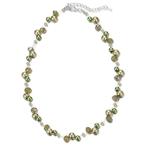 F LU AUTOMNE Collier Perle et Cristal Femme Argent Bijoux Bohème Cadeau Fête Mères — Vert armée