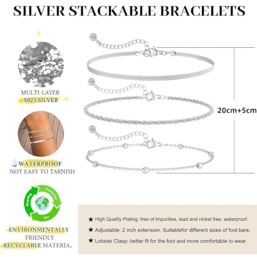 WUMZIRA Bijoux Femme Argent Sterling 925 Réglable Empilable pour Femmes Filles - 3 Pièces