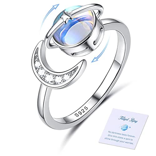 Bague Anti Stress Adramata Femme Argent Sterling 925 Pierre de Lune CZ Anxiety Bague Réglable Étoile Lune Spinner Fidget