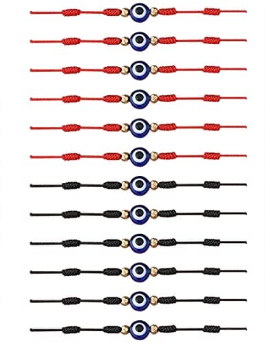 Adramata 12 Pcs Mauvais Œil Hamsa Chakra Bracelets Réglables pour Femme et Homme Ports Bonheur Bijoux Turquoise Rouge No — Rouge Noir