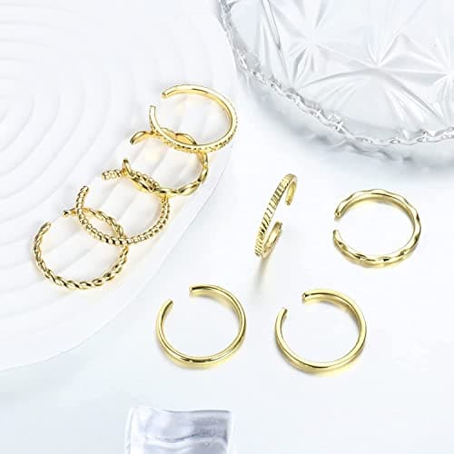 Adramata 8 Pcs Bagues Réglables Or Plaqué 14K Femme Homme Empilables Épais et Mince