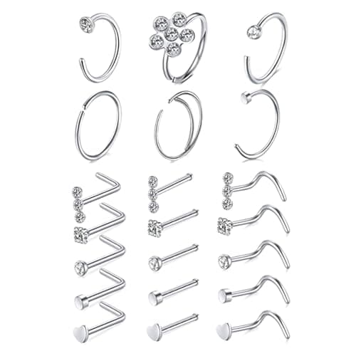 LOCCY Piercings Nez en Acier Inoxydable Bijoux pour Femmes et Hommes - Anneau de Nez 21-30 Pièces 20G Or Argent CZ L/Vis — 21 Pièces-Argent 2