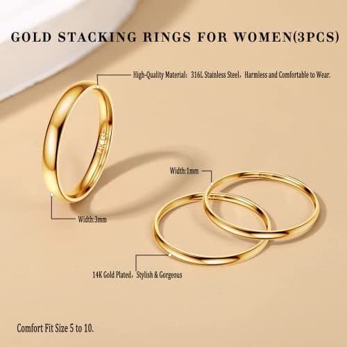 Adramata 3 Pièces Bague Femme Acier Inoxydable Empilable, Plaqué Or 14 Karats, Minimaliste pour Femmes Filles, Idéale po