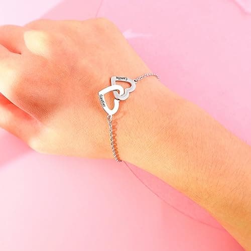 Bracelet Personnalisé Argent Gravé Nom Simulé Pierre de Naissance Chaîne Ajustable Cadeau Mère Anniversaire Fête des Mèr