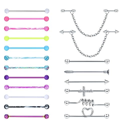 Piercings Industriels Adramata 14G 16G Acier Chirurgical Bijoux Cartilage Helix Or et Argent Recyclés Standard 100 — 20Pcs-Couleur-Argent